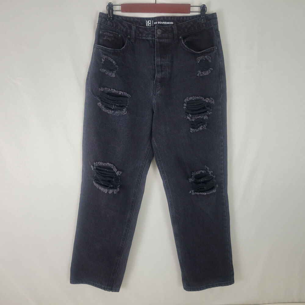 No Boundaries Jeans Juniors 11‎ Black High Rise Straight Leg Destroyed Denim